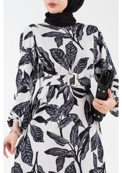 Desenli Kemerli Viscon Elbise-Siyah indirimleri