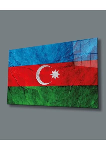 Dokulu Azerbaycan Bayrağı Cam Tablo, Uv Baskılı ve Temperli, Hediyelik