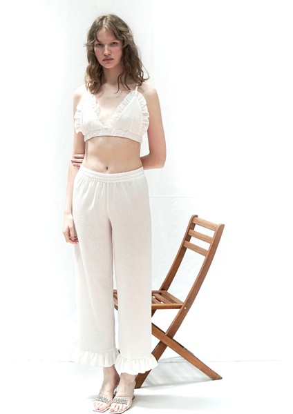 Beyaz Keten Bralet-Pantolon Takım
