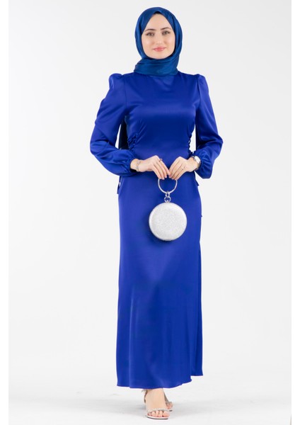 Yanı Bağcıklı Saten Abiye-Saks Mavi