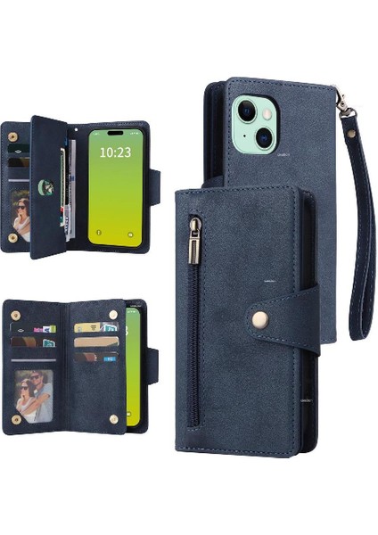 El Kayışı Manyetik Kart ile iphone 15 Artı Fermuar Cüzdan Kapak (Yurt Dışından)