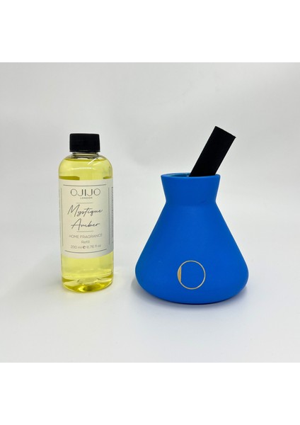 Ojijo London Çubuklu Oda Kokusu 200 ml Mystique Amber Oda Parfümü Kahverengi Seramik Pot Kalın Çubuk Set