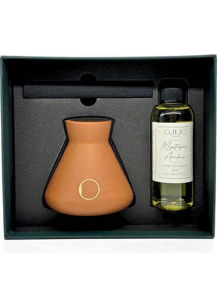 Ojijo London Çubuklu Oda Kokusu 200 ml Mystique Amber Oda Parfümü Kahverengi Seramik Pot Kalın Çubuk Set