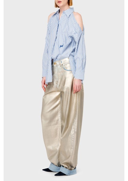 Çizgili Pamuklu Oversize Fit Omuzları Açık Gömlek Bayan Gömlek 103058A1OMZE5