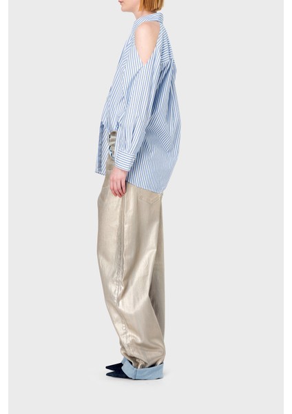 Çizgili Pamuklu Oversize Fit Omuzları Açık Gömlek Bayan Gömlek 103058A1OMZE5 modelleri