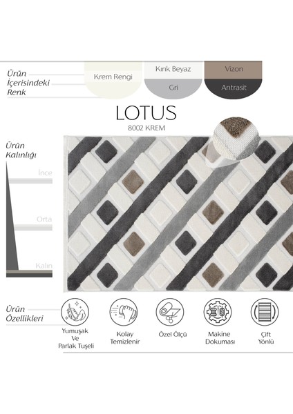 Lotus 8002 Krem Salon Halısı Yumuşak Dokulu Koridor Halısı Kalın Halı Yolluk Dokuma Makine Halısı