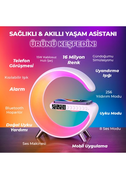 Rgb Çalar Saatli Gece Lambası, Bt Destekli Çağrı Cevaplayabilen Hoparlör (G-500W) Beyaz