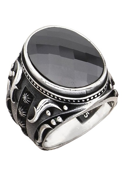 Erkek Yüzük Gümüş 925 Gotik Motifli Oval Taşlı