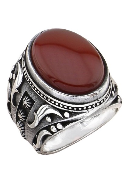 Erkek Yüzük Gümüş 925 Gotik Motifli Oval Taşlı