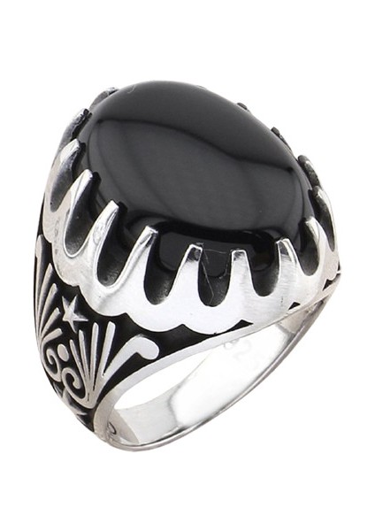 Erkek Yüzük Gümüş 925 Yıldız Motifli Oval Taşlı