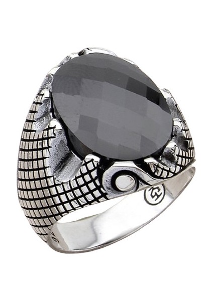 Erkek Yüzük Gümüş 925 Izgara Desenli Oval Taşlı