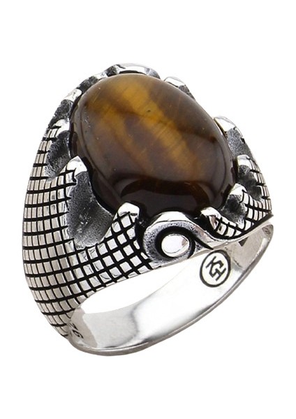 Erkek Yüzük Gümüş 925 Izgara Desenli Oval Taşlı