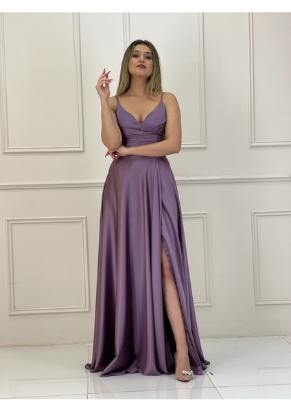 Yıldızlar Kadın Ip Askılı Pileli V Yaka Derin Yırtmaçlı Beli Drapeli Abiye MY2065 2065