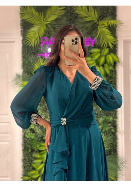 Balon Kollu Beli Kemerli Yeni Sezon Şifon Abiye Elbise EN5147 5147