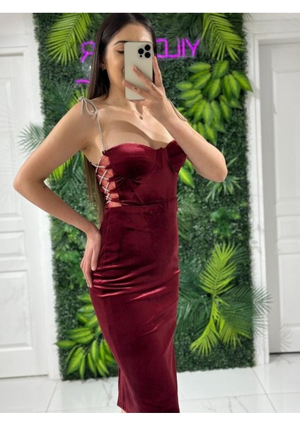 Yıldızlar Kadın Taş Askılı Yanları Pencereli Kadife Yeni Sezon Abiye Elbise GS7350 7350 BOY:110CM modelleri