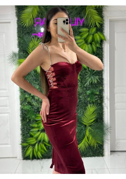 Yıldızlar Kadın Taş Askılı Yanları Pencereli Kadife Yeni Sezon Abiye Elbise GS7350 7350 BOY:110CM fırsatları