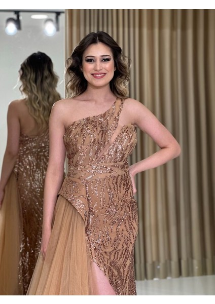 Tek Omuz Sim Baskılı Özel Tasarım Yeni Sezon Abiye Elbise LE692 692 fiyatları