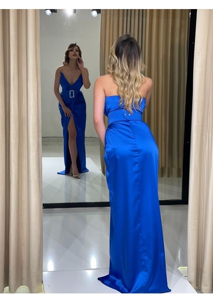 Straplez Sivri Yaka Beli Kemerli Yeni Sezon Saten Abiye Elbise HT5038 5038 indirimleri