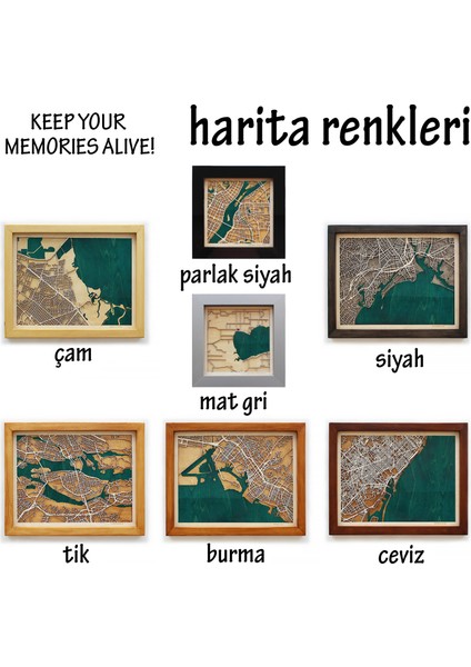 Istediğiniz Yerin Ahşap & Epoksi Şehir Haritası (Yeşil Epoksi) modelleri