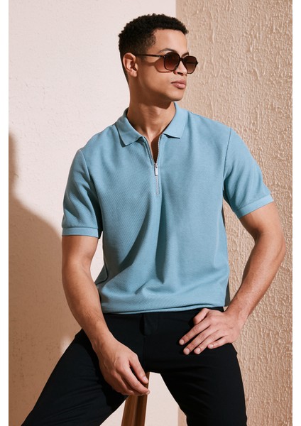 Pamuklu Regular Fit Fermuarlı Polo Yaka T Shirt Erkek Polo T Shirt 5902434