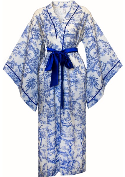Mavi Keten Yarasa Kol Kimono modelleri