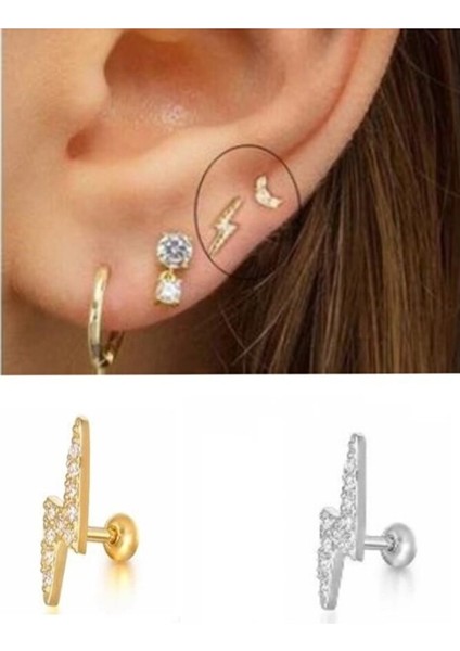 Zirkon Taşlı Şimşek Figürlü Tragus Helix Piercing Kıkırdak Küpesi