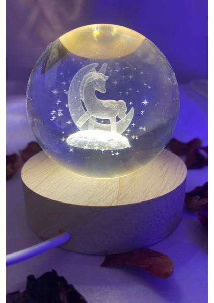 3D LED Işık Cam Küre Tek Renk Günışığı Ahşap Unicorn
