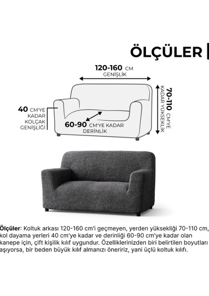 Lastikli Esnek ve Yıkanabilir 2 Kişilik Koltuk Örtüsü Çekyat Kanepe Kılıfı - Antrasit