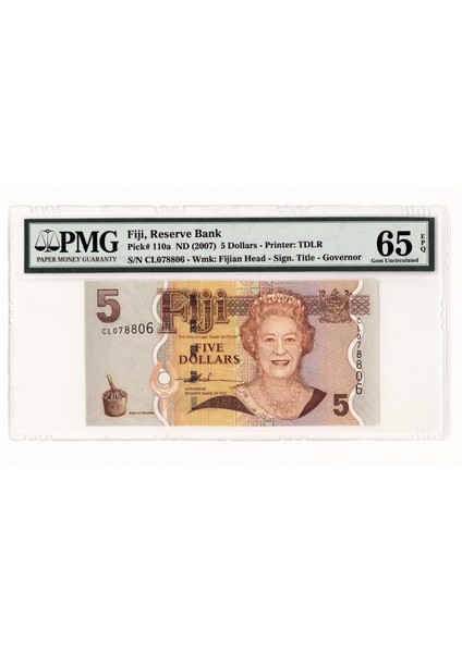 Fıjı 5 Dollars 2007 Pmg 65 Epq Sertifikalı Çil Banknot Kraliçe
