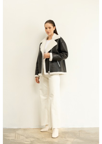 Peluş Ceket Kadın - Hakiki Koyun Kürkü Kışlık Oversize Mont Gerçek Deri Kürk Astarlı