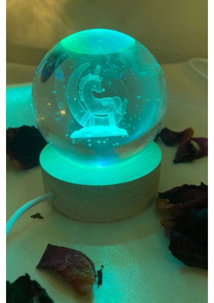 3D LED Işık Cam Küre Çok Işıklı Ahşap Unicorn 6 cm