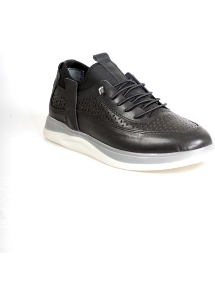 Siyah Deri Lastik Bağcıklı Lazer Işlemeli Erkek Ayakkabı modelleri