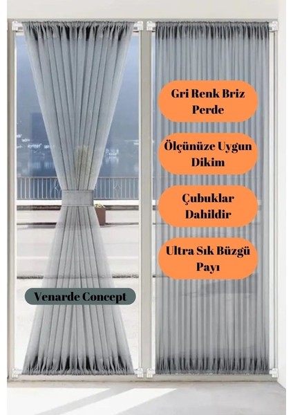Gri Renk Keten Tül Kelebek Perde, Briz Çubuklu Perde