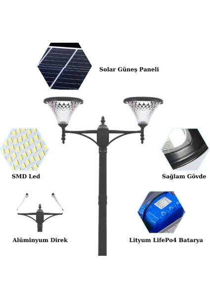 2x100W Güneş Enerjili Solar Bahçe Armatür 300CM Direkli