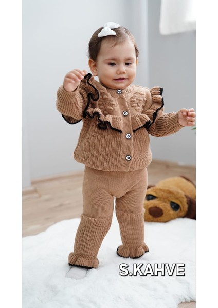 Kız Bebek Fırfır Detaylı Hırkalı Pantolonlu 2li Triko Takım modelleri