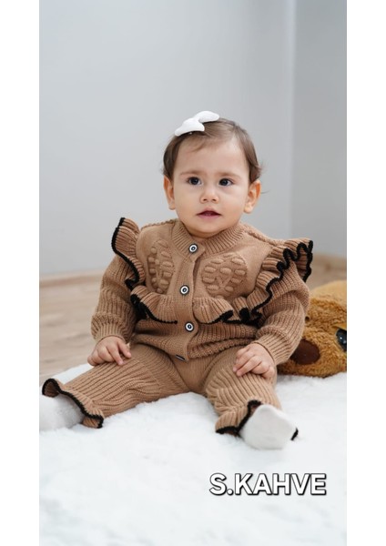 Kız Bebek Fırfır Detaylı Hırkalı Pantolonlu 2li Triko Takım fırsatları