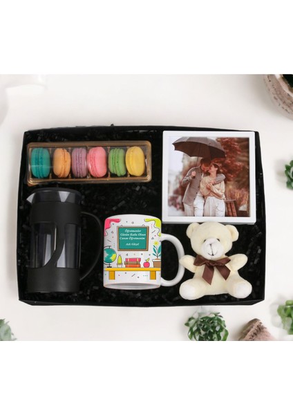 Öğretmenler Kupa Bardak & Çerçeve & Ayıcık Anahtarlık & Makaron Siyah French Press