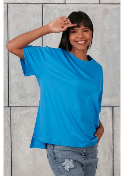 Fancy Kadın Oversize Kalıp Bisiklet Yaka %100 Pamuk Basic T-shirt