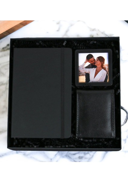 Mermer Desenli Defter & Siyah Erkek Cüzdan Siyah Fotoğraflı Çerçe Özel Erkek