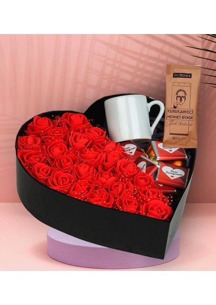 Kalp Kutu Tasarımlı New Kalp Kutu Çiçek Çikolata Buketi Kah Fincanı Türk Kahsi