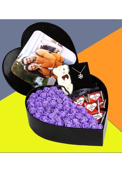 Fotoğraflı New Kalp Kutu Çiçek Çikolata Buketi Ayıcık Anahtarlık Kolye Sevgiliye Özel