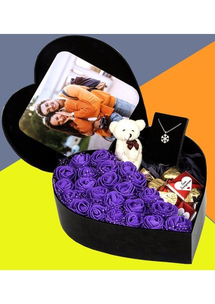 Fotoğraflı New Kalp Kutu Çiçek Çikolata Buketi Ayıcık Anahtarlık Kolye Sevgiliye Özel