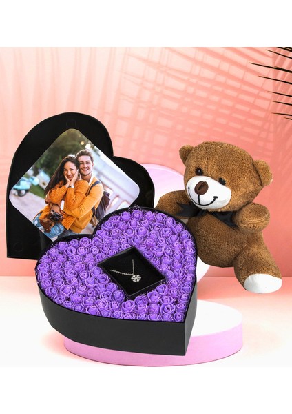 Fotoğraflı New Kalp Kutu Çiçek Sevimli Peluş Ayıcık Kolye Sevgiliye Özel