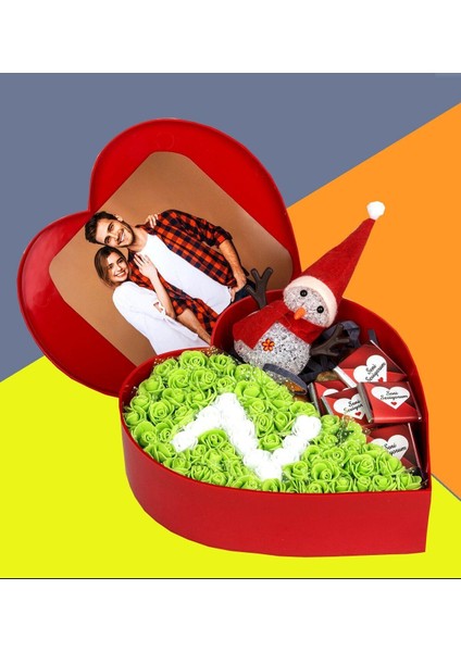 Baş Harfli Fotoğraflı New Kalp Kutu Çiçek Çikolata Buketi Işıklı Kardan Adam Sevgiliye Özel