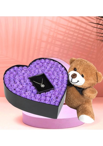 Kalp Kutu Çiçek Sevimli Peluş Ayıcık Kolye Sevgiliye Özel