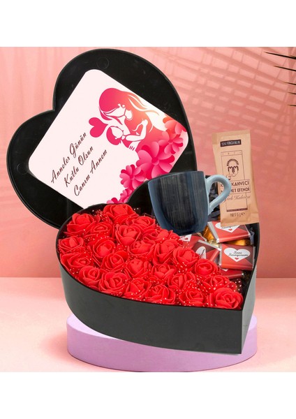 Kalp Kutu Tasarımlı New Kalp Kutu Çiçek Çikolata Buketi Mermer Desenli Kah Fincanı Türk Kahsi