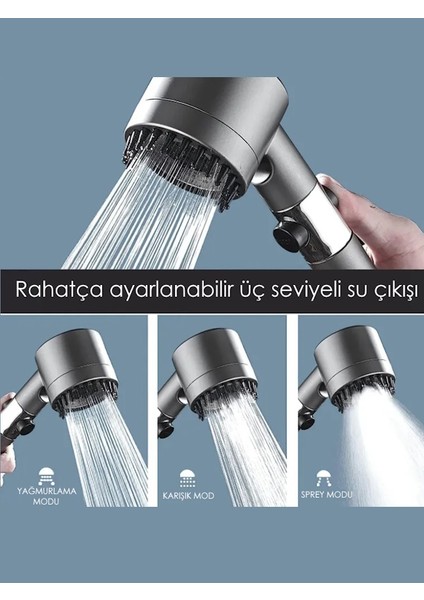 FAWER Faucet & Shower Filtreli 3 Fonksiyonlu Yüksek Basınçlı Taraklı Start Stop Gri Banyo Duş Başlığı