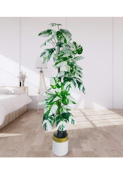 Yapay Çiçek Monstera Yeşil Beyaz Deve Tabanı 3katlı 180CM 54YAPRAK Altın Kemerli Beyaz Metal Saksı fiyatları
