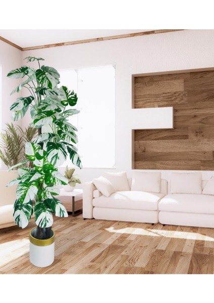 Yapay Çiçek Monstera Yeşil Beyaz Deve Tabanı 3katlı 180CM 54YAPRAK Altın Kemerli Beyaz Metal Saksı modelleri