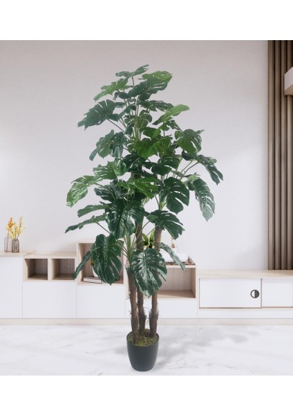 Yapay Çiçek Monstera Yeşil Deve Tabanı 3katlı 135CM 54YAPRAK Siyah Plastik Saksıda Yapay Bitki